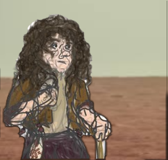 drawing of the eighteenth doctor on a space desert landscape, framed as if a polaroid. She is an older, light skinned woman with shaggy brown curls, dressed in a tassled jacket, wide purple trousers, and an embroidered waist-tied pocket on her belt. She's using a walking cane, and looking at the horizon impassively.